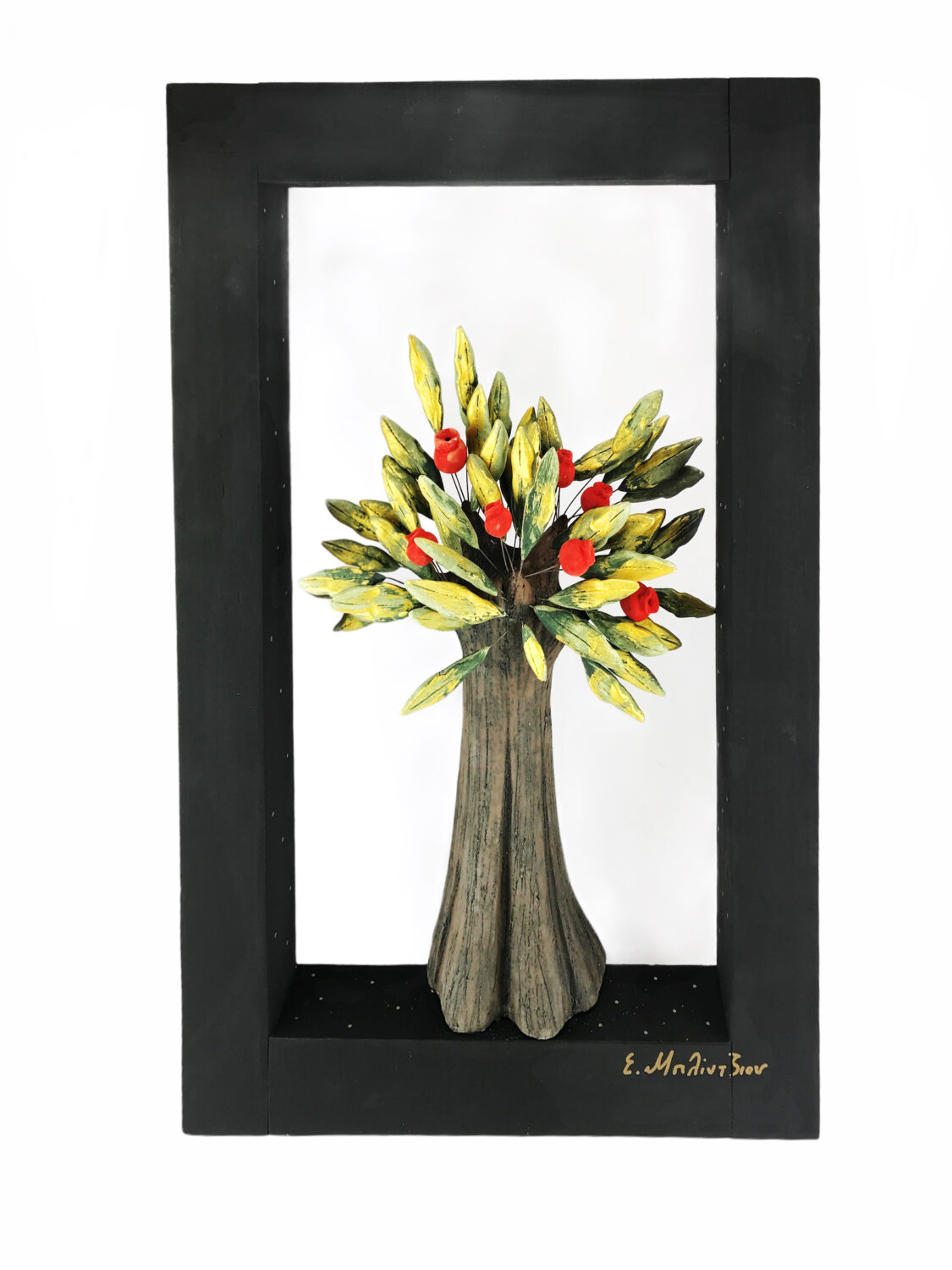 Ceramic pomegranate tree in a wooden frame