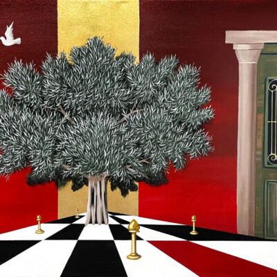 “Δέντρο σε κόκκινο-χρυσό φόντο με πόρτα”-Ανδρέας Γαλιώτος