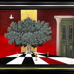 “Δέντρο σε κόκκινο-χρυσό φόντο με πόρτα”-Ανδρέας Γαλιώτος