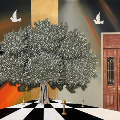 “Δέντρο σε πορτοκαλί-μαύρο φόντο με πόρτα και περιστέρια”-Ανδρέας Γαλιώτος