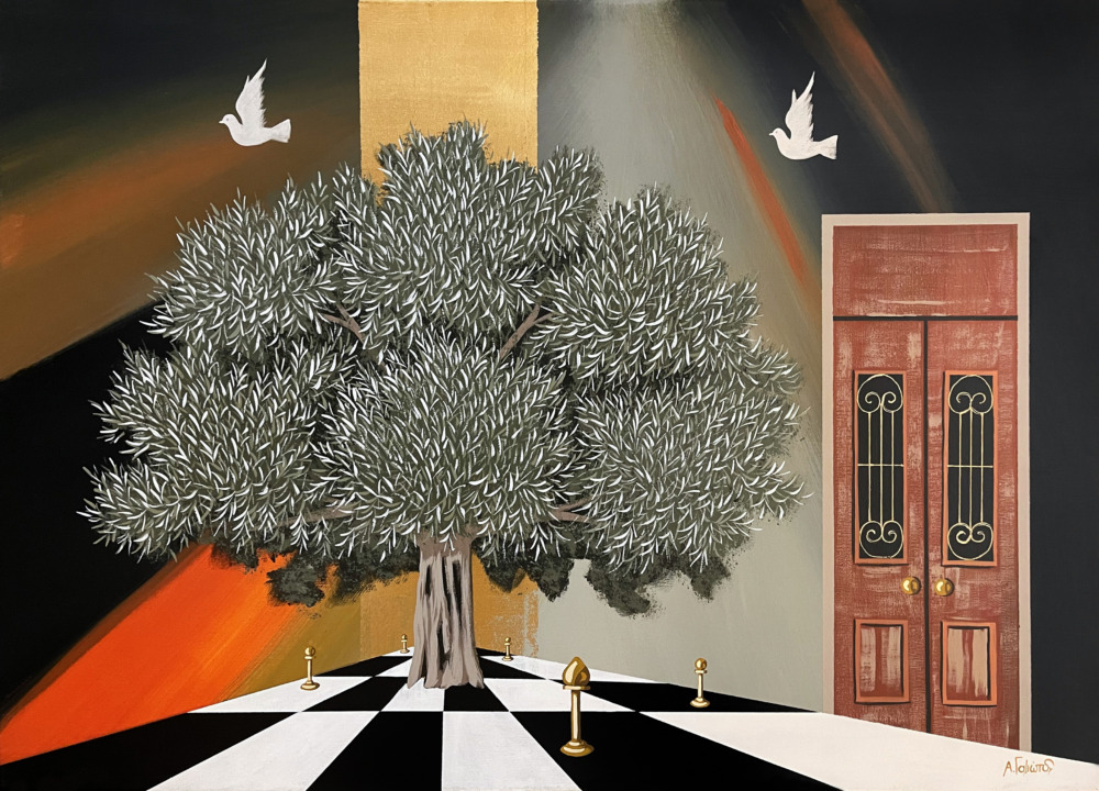 “Δέντρο σε πορτοκαλί-μαύρο φόντο με πόρτα και περιστέρια”-Ανδρέας Γαλιώτος