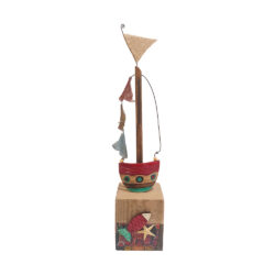 "Tall boat on brown wooden base 49cm."