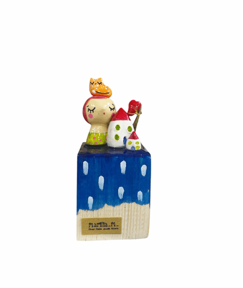 Κορίτσι με σπίτι και γάτα σε κύβο